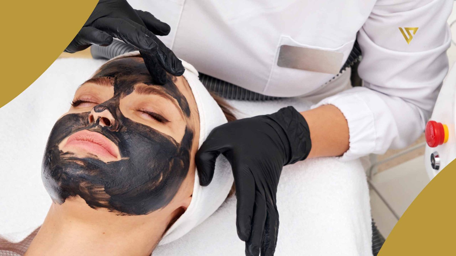 Person applying a mask to a woman's face, hands wearing gloves Hollywood Laser Peel beauty spa by val