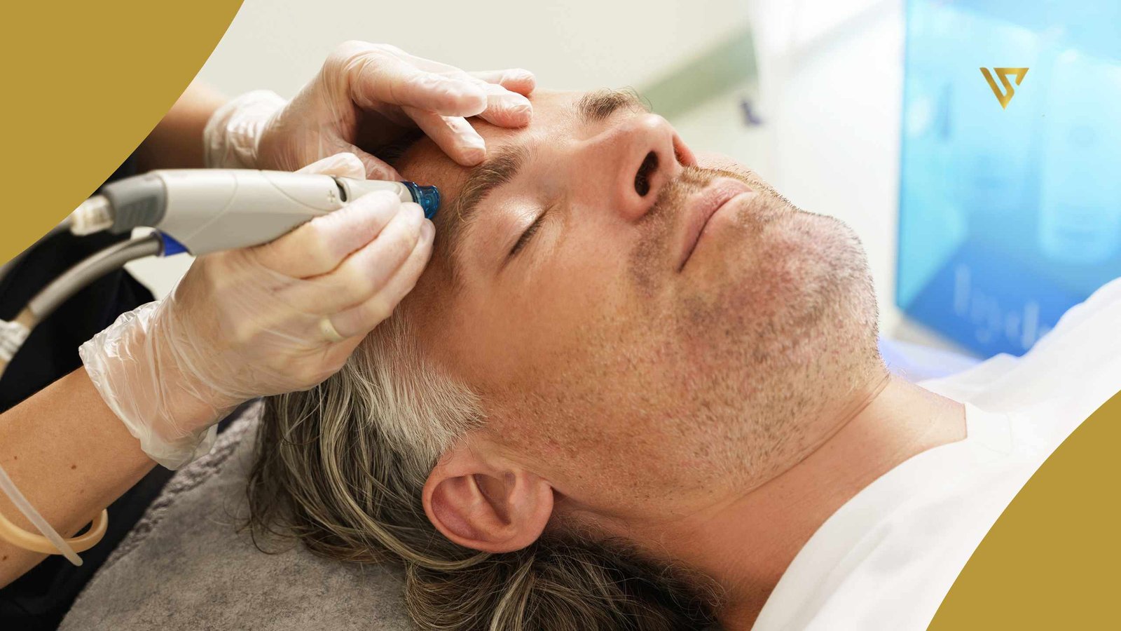 Man receiving hydrafacial treatment, long hair beauty spa by val