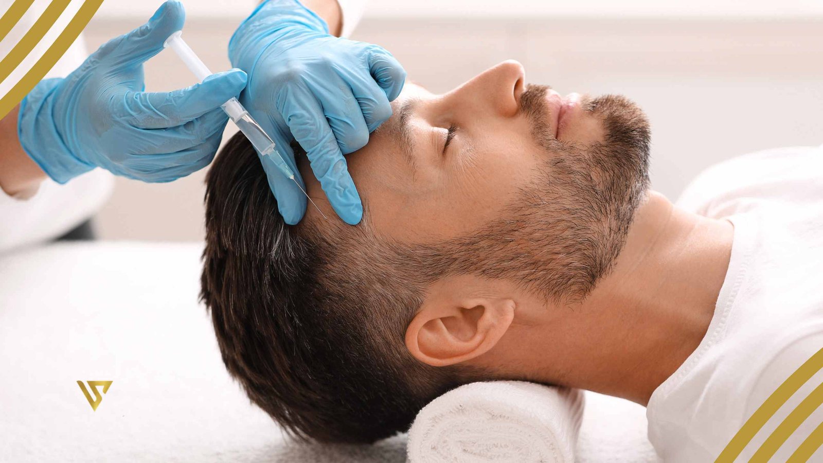 Man receiving Hair Growth Factors (PRP) treatment person applies the product to the scalp using a needle beauty spa by val