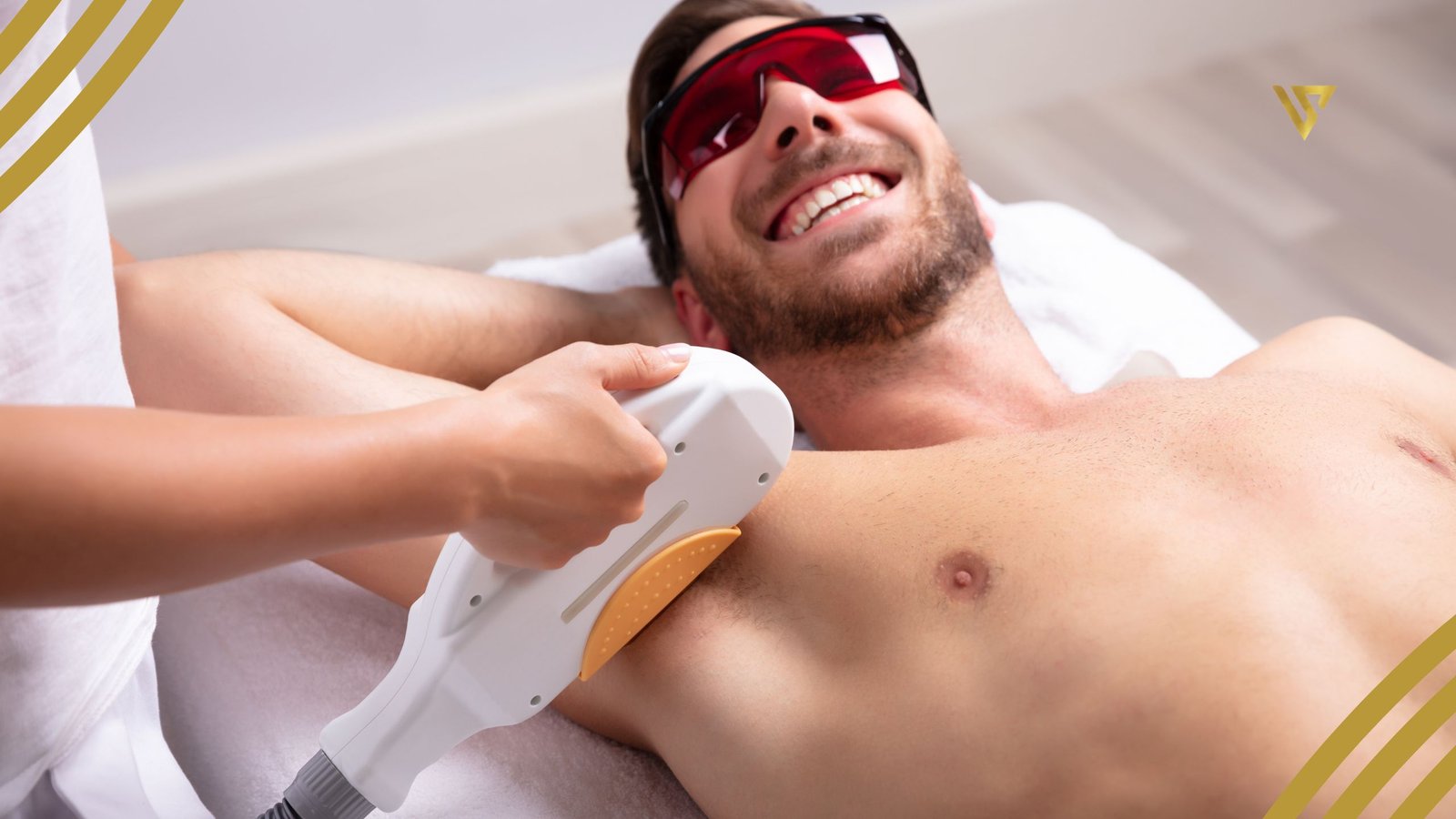 man with laser machine on armpit smiling, wearing red glasses beauty spa by val