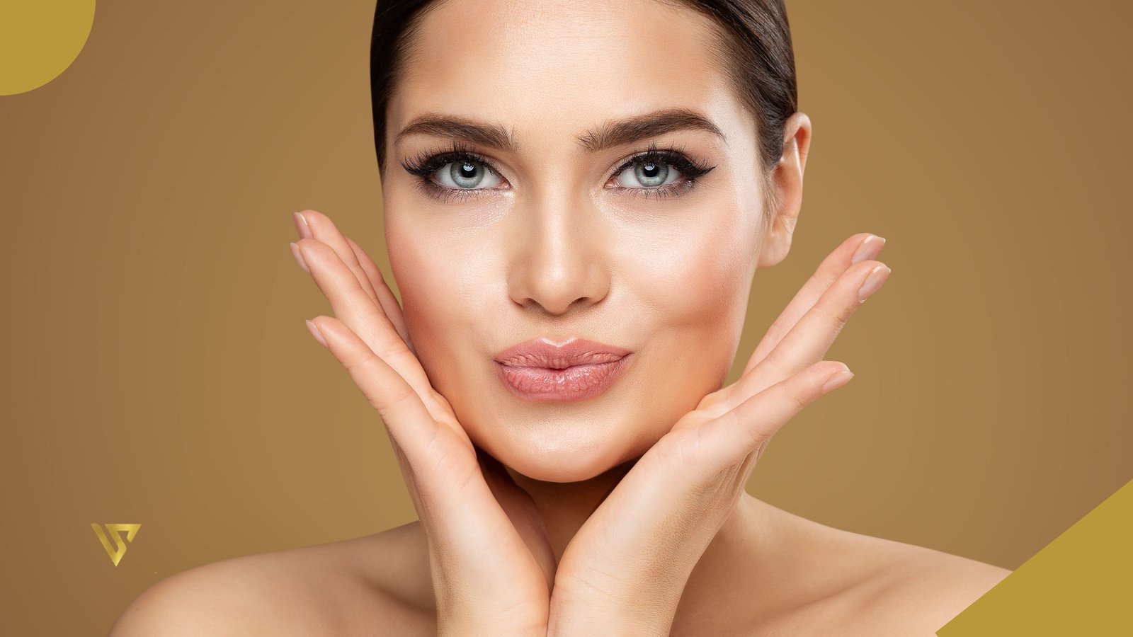 Young woman with light-colored eyes looking forward, wearing makeup, hands near her cheeks, shoulders uncovered What to Expect After Lip Filler beauty spa by val