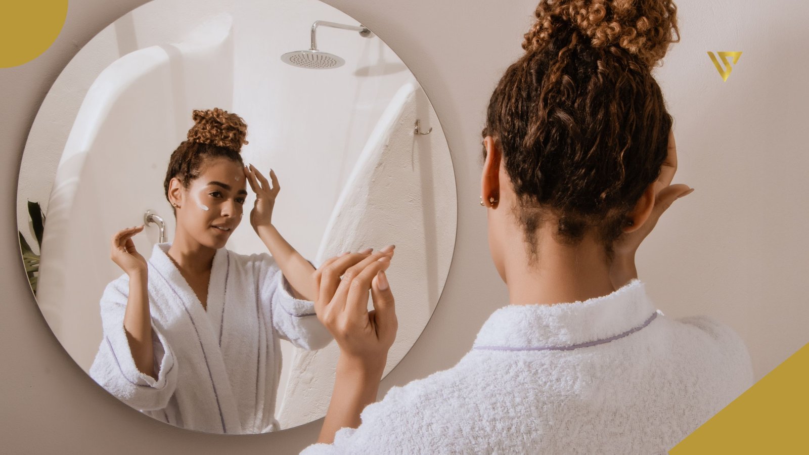 A young woman with her hair tied up, light brown and curly, wearing a bathrobe. A round mirror reflects the woman, with one hand on her forehead and the other raised above her shoulder.
How Many BB Glow Sessions Are Needed, Beauty spa by Val
