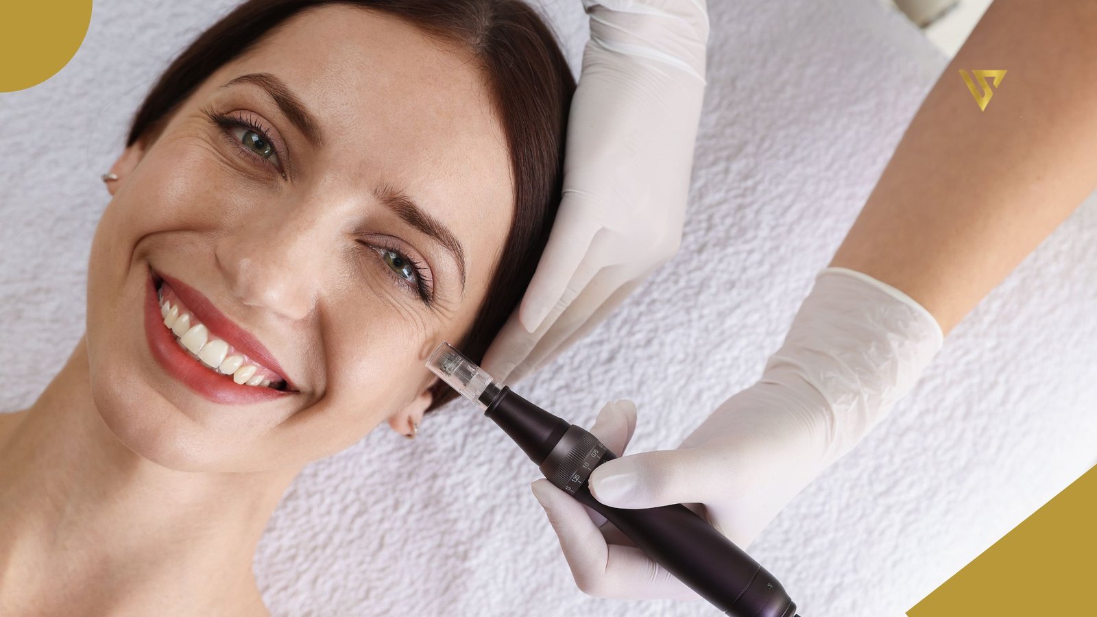 An adult woman with dark brown hair and light-colored eyes, smiling, lying on a treatment bed. A right hand wearing a white glove is resting on the left side of the woman’s head, while a left hand wearing a white glove holds a microneedling pen resting on the left cheek of the woman lying down Microneedling Facial Before and After What Results Can You Expect Beauty spa by val