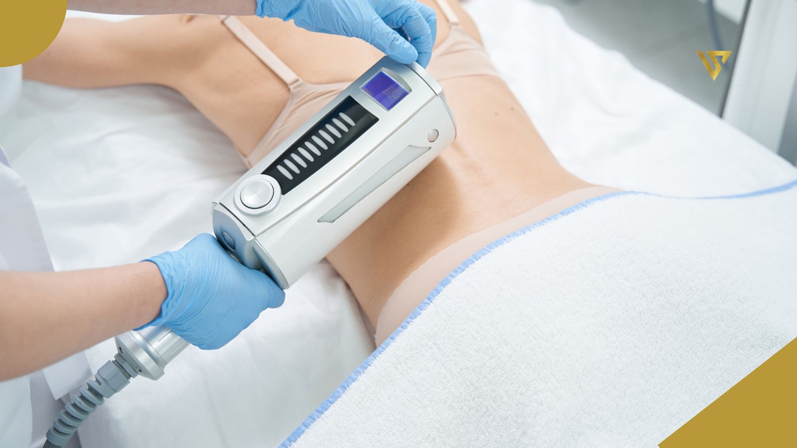 A woman lying face down on a treatment bed wearing a pink bra, a pair of arms with blue gloves holding a body radiofrequency device, the device placed on her back, and a white towel covering the lower part of her back, Back Facial for Acne and Skin Texture, beauty spa by val