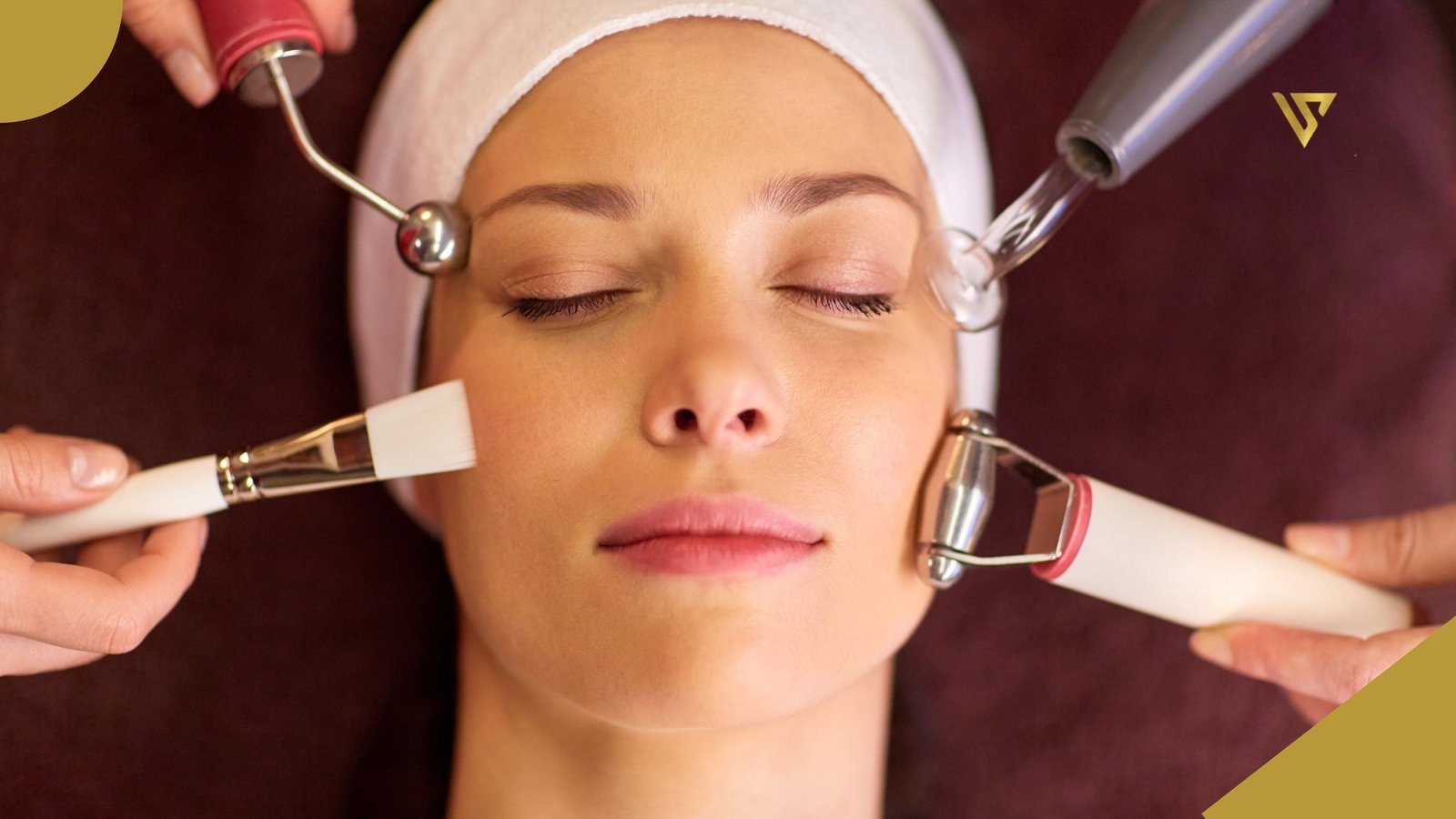 Face of a young woman with closed eyes, a white headband on her hair, her left hand holding a facial electrode placed next to her right eyebrow, her right hand holding a facial brush resting on her right cheek, a cryotherapy globe positioned next to her left eyebrow, and a facial roller resting on her left cheek, beauty spa by val, Hollywood Peel vs Other Advanced Facial Treatments