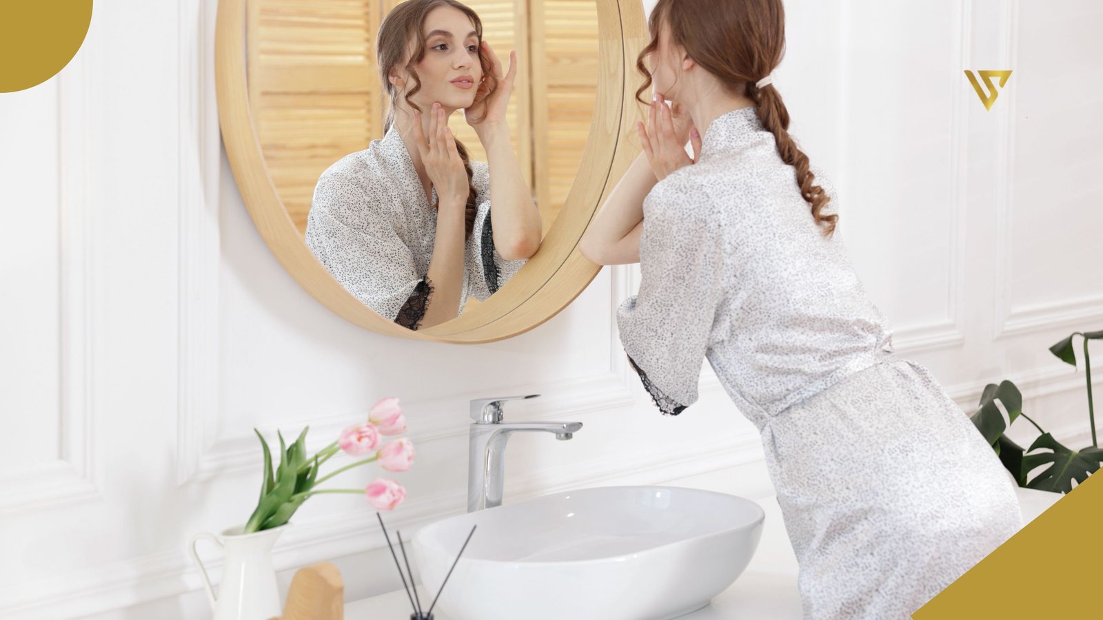 A young woman with light brown, curly hair, wearing a white robe with black polka dots, standing in front of a round mirror with a wooden frame. In the mirror’s reflection, her face is visible, her left hand touching the left side of her face and her right hand touching the right side of her chin. Below the mirror, there is a white sink with a silver faucet. A white jar with pink flowers and green leaves is placed next to the sink, along with a wooden decorative piece. Three ароматizing sticks are inside a bottle near the sink. A green plant is on the floor to the woman’s right, Who Is This Treatment Best For, beauty spa by val. 