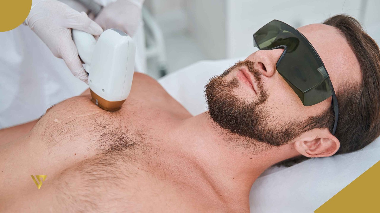 Man receiving laser hair removal treatment on his chest at a medical spa in Brandon, FL, wearing protective laser safety glasses. Body Treatments.- Beauty spa by Val