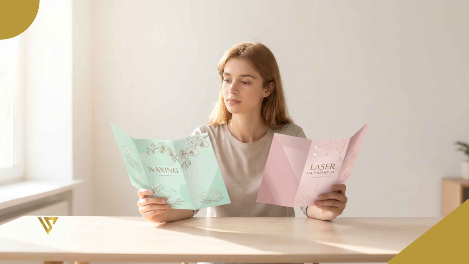 Young woman with light-colored hair, wearing a beige T-shirt, seated at a wooden table. In her right hand, she is holding a mint-green brochure about waxing. In her left hand, she is holding a pink brochure about laser hair removal Which Option Is More Cost-Effective Over 5 Years? Beauty Spa by Val