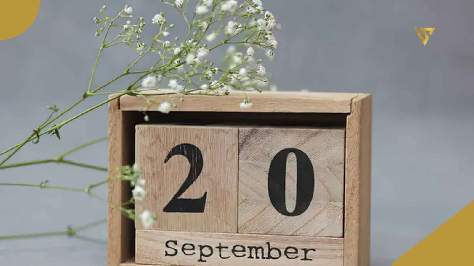 Wooden box with 3 pieces inside. The bottom piece reads "September"; the two upper pieces each show a number: the left one has the number 2 and the right one has the number 0. On the upper left corner of the box, there is a small bouquet of tiny white flowers. The background is gray. September: Refinement and Maintenance. Beauty Spa by Val 
