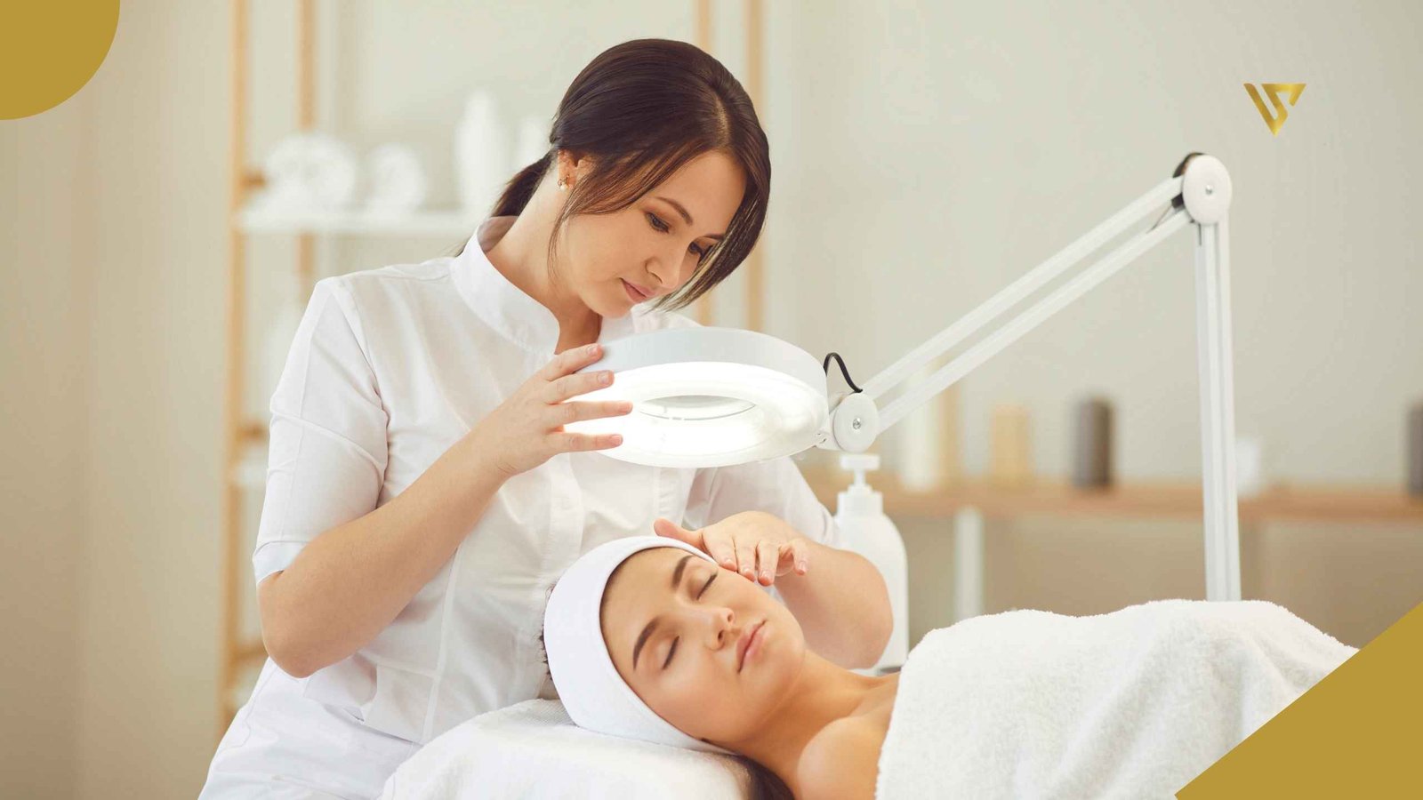 Woman with dark hair tied at the nape of her neck, looking downward. Her right hand holds a ring light, while her left hand rests on the left cheek of a woman lying on a treatment bed. The woman on the bed wears a white headband, has her eyes closed, and is covered with a towel up to her shoulders. In the background, there is a shelf and a table with white, gray, and cream-colored bottles. Spa Treatments That Help Repair a Damaged Skin Barrier. Beauty Spa by Val.