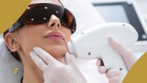 woman wearing dark glasses, undergoing laser treatment on facial skin to remove hair from the skin beauty spa by val