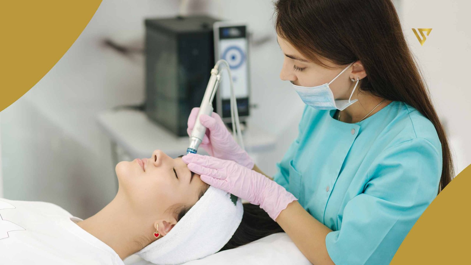 Woman receiving hydrafacial treatment on her face, young woman performing treatment, professional hydrafacial treatment equipment beauty spa by val