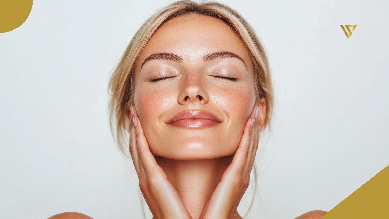 A young blonde woman with her eyes closed, with her right hand resting on her right cheek and her left hand on her left cheek, BB Glow Treatment The Secret to Porcelain Like Skin Without Daily Makeup, beauty spa by val