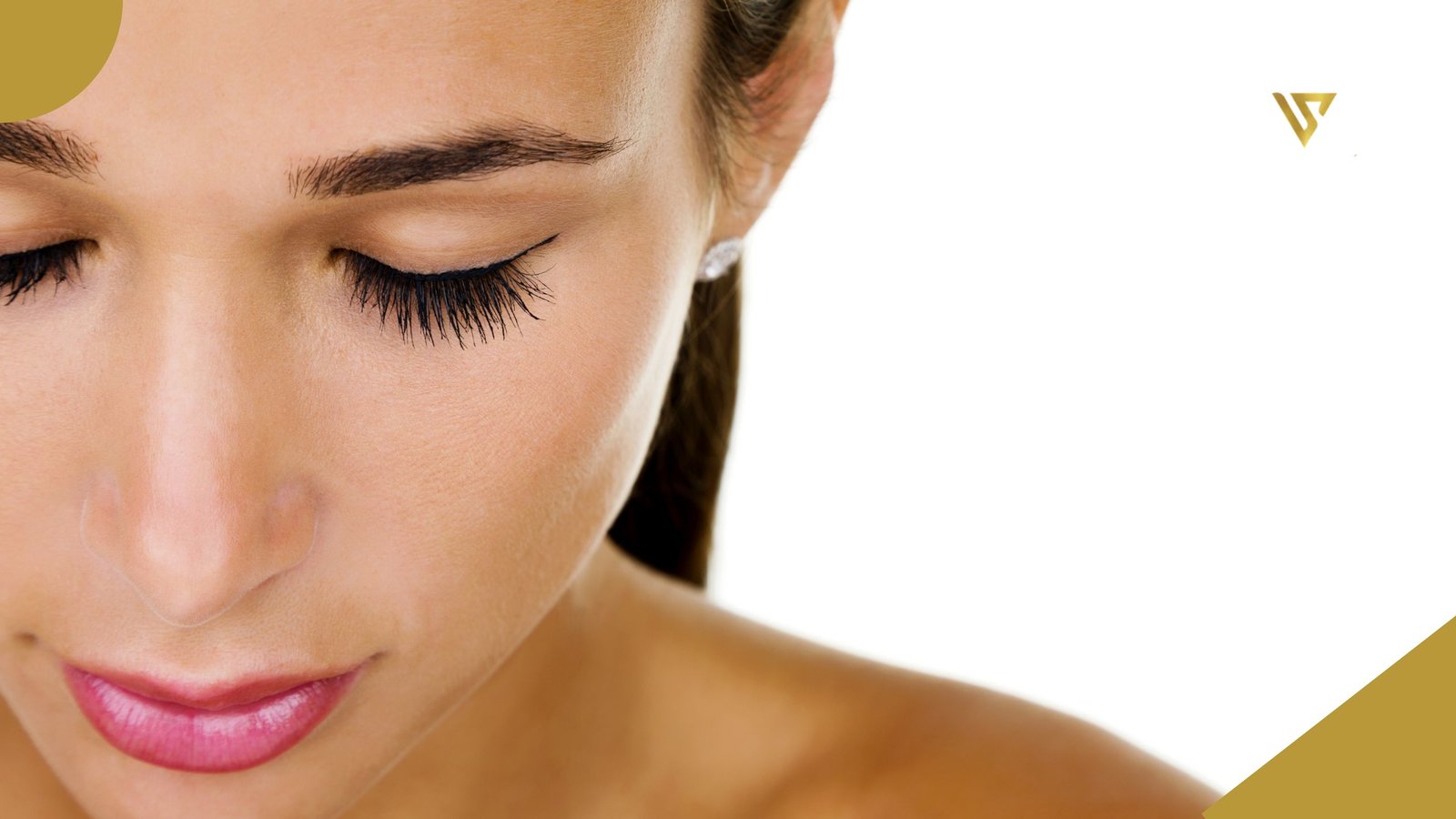 Face of a young woman with dark hair, eyes closed, pink lipstick, a white earring on the left ear, and bare shoulders, beauty spa by val, How Often Can You Get a Lash Lift Without Damaging Your Lashes