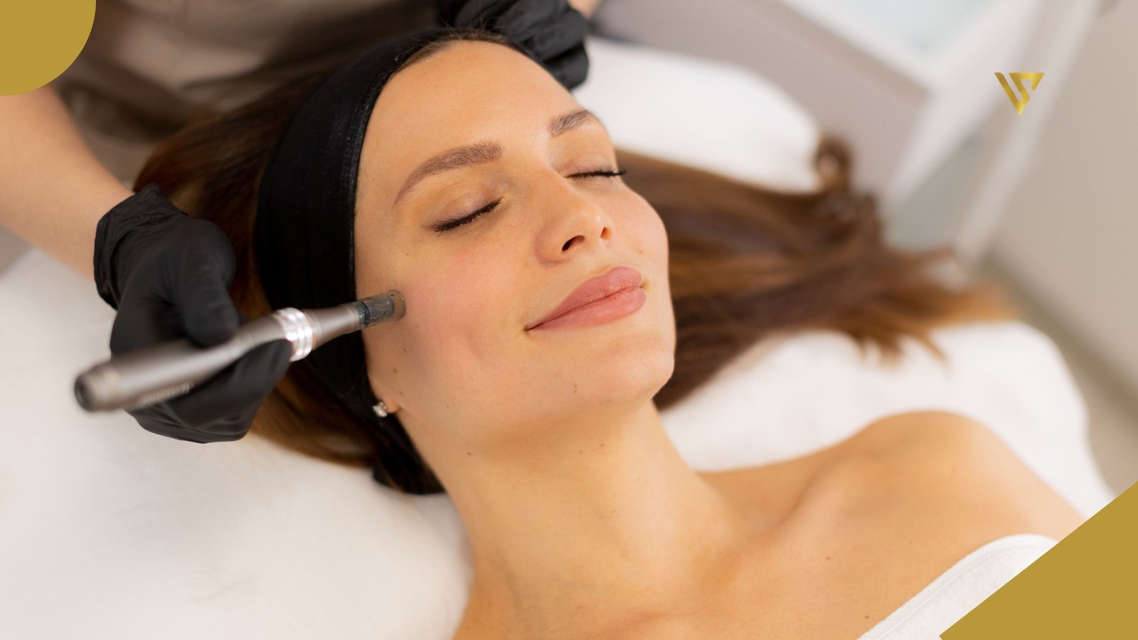 A young woman with long hair lying on a treatment bed, eyes closed and slightly smiling, shoulders exposed, wearing a black headband, a dermapen placed on her right cheek, and her right hand wearing a black glove holding the dermapen, Salmon Sperm Microneedling: A New Approach to Skin Renewal, Beauty spa by val