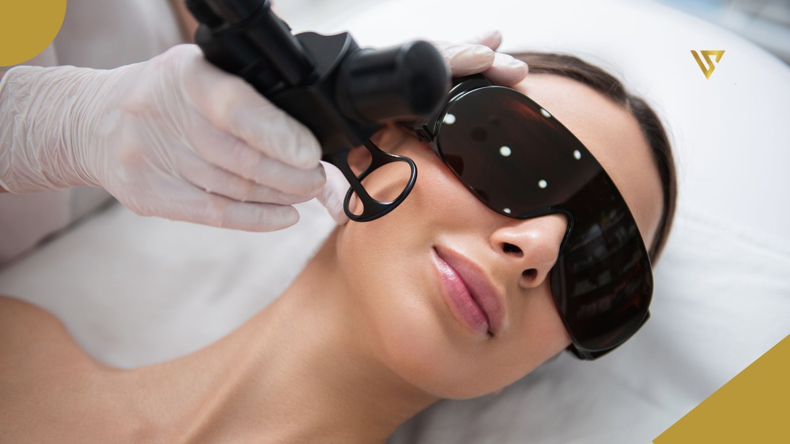 Woman lying on a white treatment bed during a facial laser treatment, wearing black protective goggles, while a hand with a white glove holds the laser device over her right cheek. Picosecond Laser for Hyperpigmentation: How It Works and Results. Beauty Spa by Val