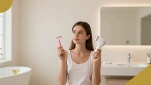 Young woman wearing a white tank top. In her right hand, she is holding a pink razor, and in her left hand, she is holding a white laser hair removal handpiece. In the background, there is a white wall, a rectangular mirror, a white sink, and a white bathtub Waxing vs. Laser Hair Removal: Which Is Better for Your Skin Long-Term? Beauty Spa by Val.