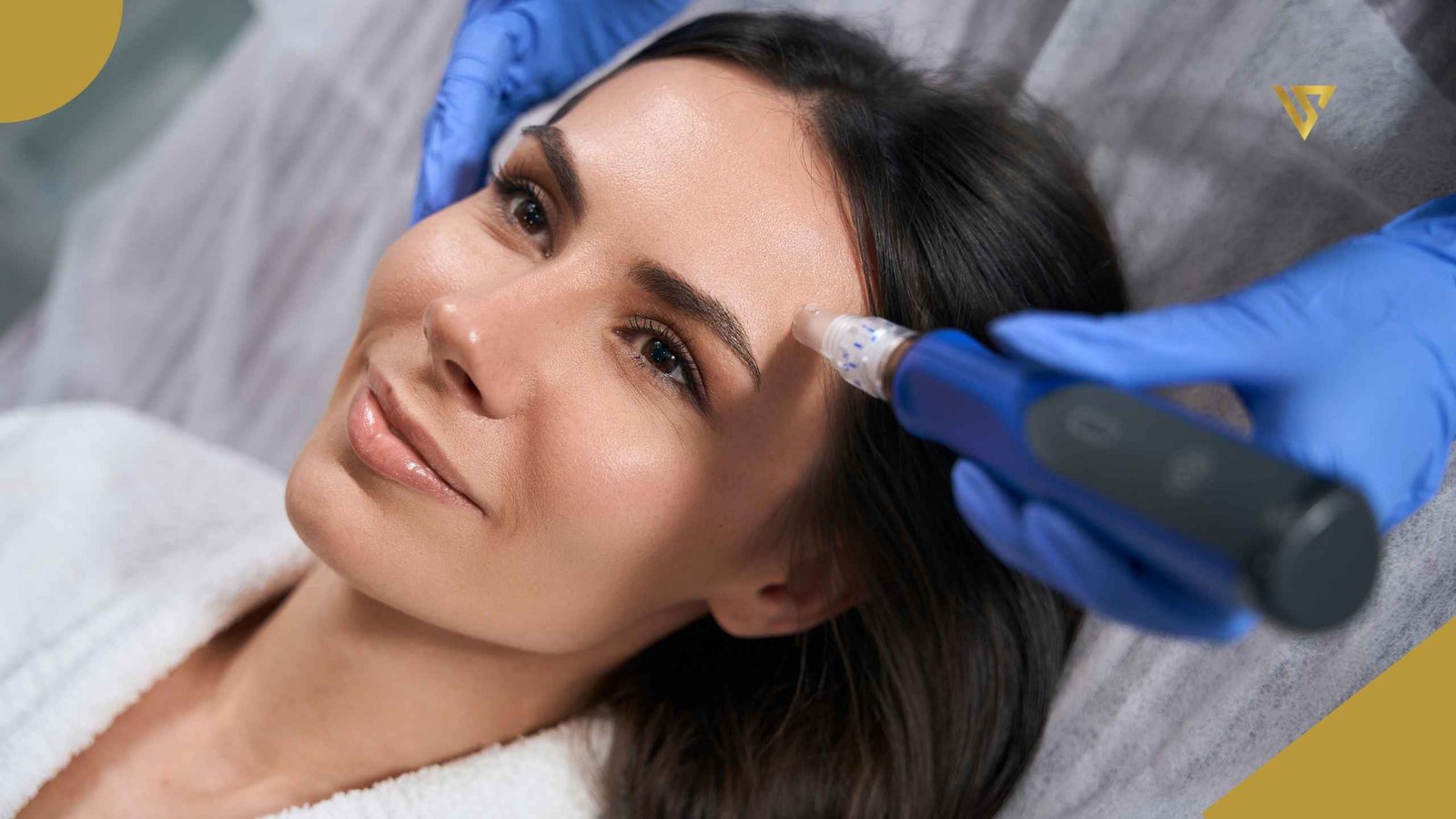 Woman with black hair wearing a white robe and smiling slightly. She is reclining on a treatment bed covered with a white sheet. A right hand wearing a blue glove rests on the right side of the woman’s head, while the left hand wearing a blue glove holds a microneedling device positioned against the left side of her forehead. Microneedling for Anti-Aging: How It Reduces Wrinkles and Firms Skin. Beauty Spa by Val.